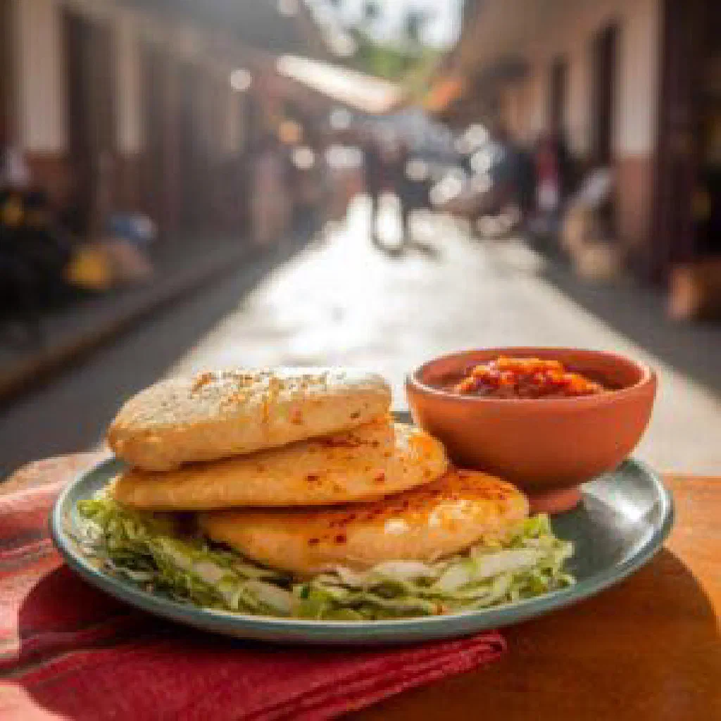 Golden pupusas catrachas served with a fresh tomato salsa