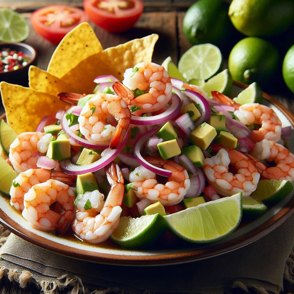 Shrimp ceviche with lime, red onion, tomato and fresh coriander