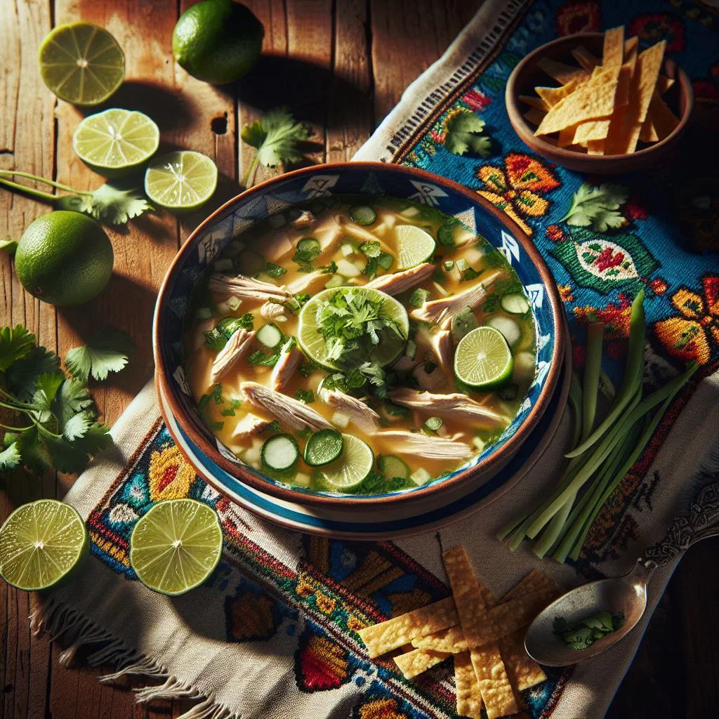 Bowl of sopa de lima with shredded chicken, lime and crispy tortilla strips