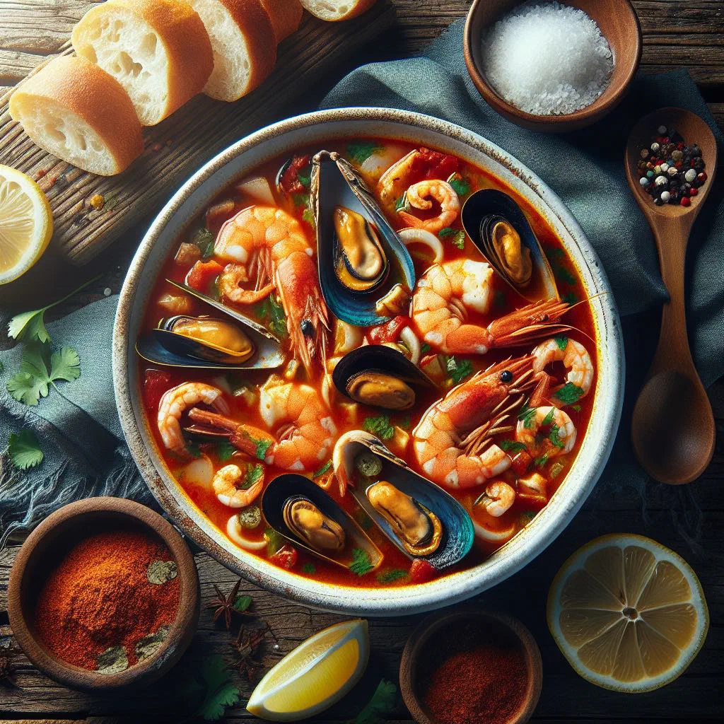 Bowl of Honduran sopa de mariscos with mixed seafood in a rich broth