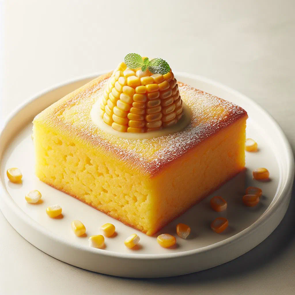 Golden Honduran sweet corn cake dusted with icing sugar