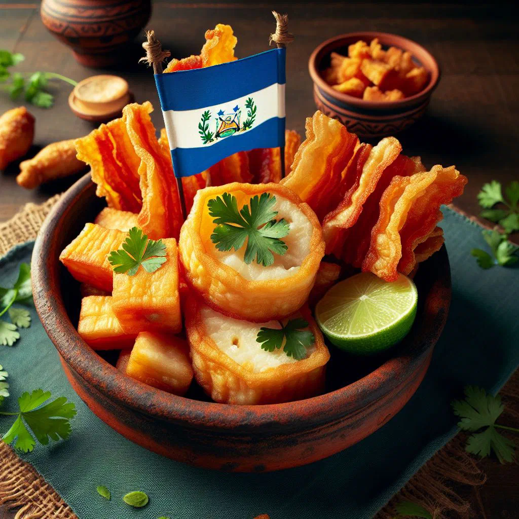 Boiled cassava served with crispy pork chicharrón and fresh salsa