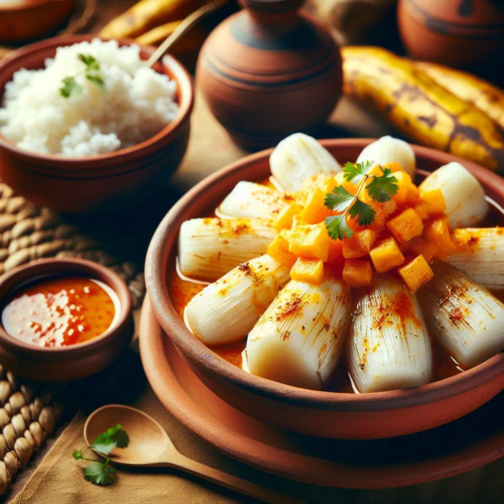 Boiled yuca pieces topped with garlic-lime mojo sauce and coriander