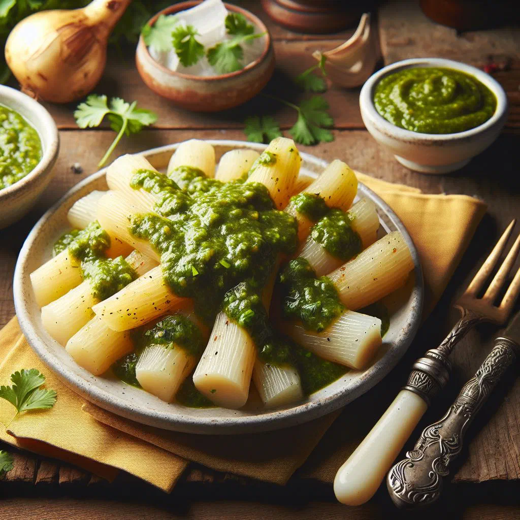 Tender yuca pieces topped with fresh green coriander and lime salsa verde