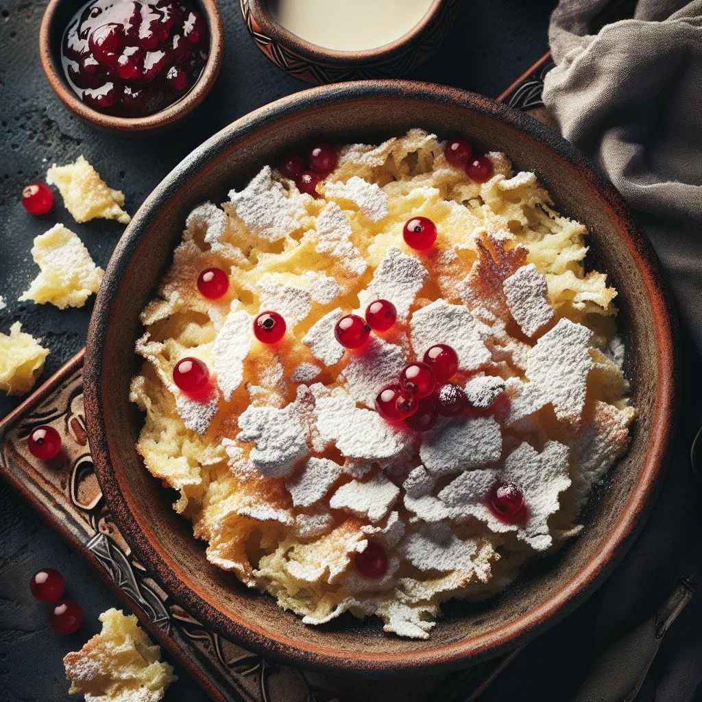 Golden shredded Császármorzsa pancake pieces dusted with icing sugar and served with compote