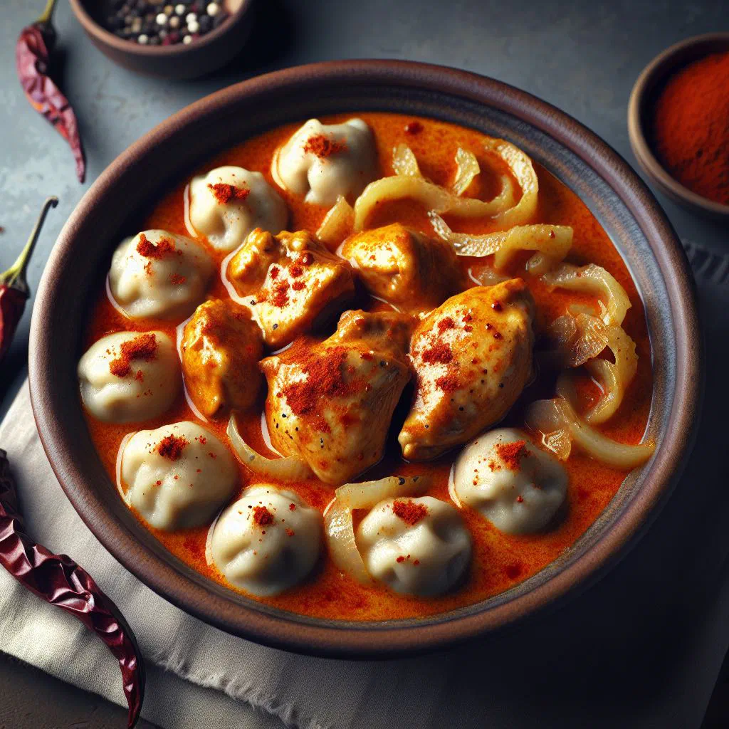 Hungarian chicken paprikash in a creamy paprika sauce with small dumplings