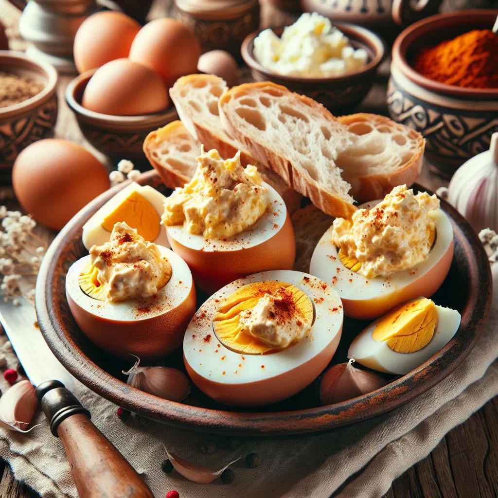 Hungarian garlic eggs in a pan, garnished with fresh parsley