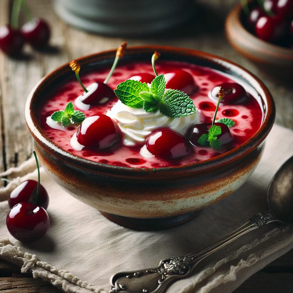 Bowl of chilled Hungarian sour cherry soup with cream and fresh cherries