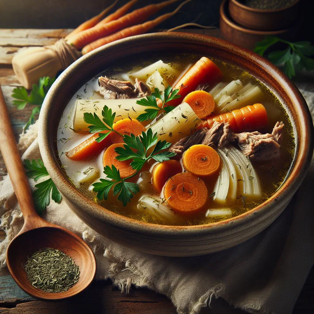 Golden Hungarian tarragon meat soup with carrots, potatoes and fresh herbs in a bowl