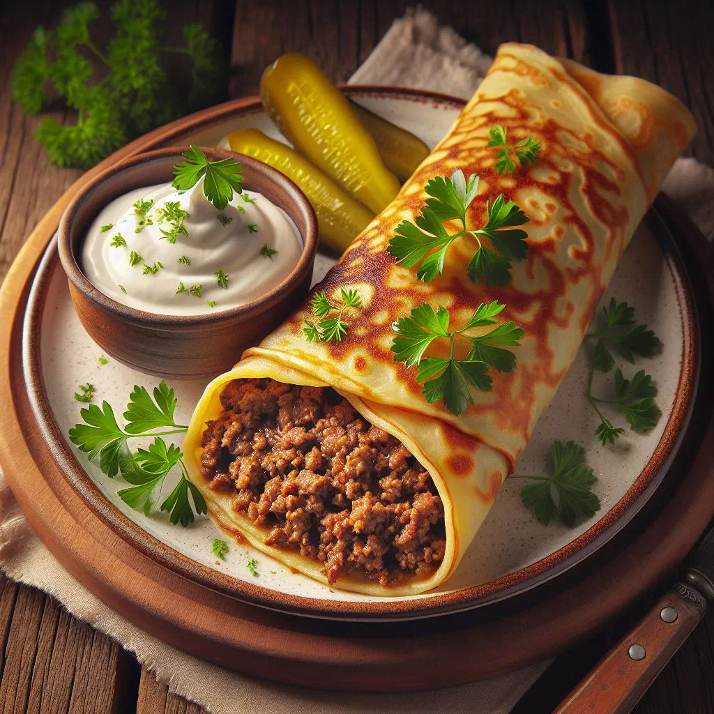 Rolled savoury Hungarian pancakes filled with spiced minced meat, topped with soured cream