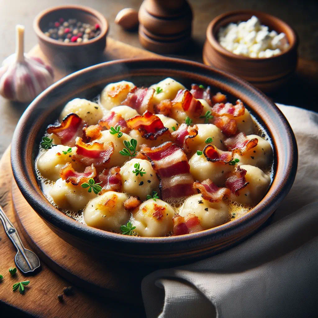 Bowl of Hungarian potato dumplings topped with crumbled sheep's cheese and cream
