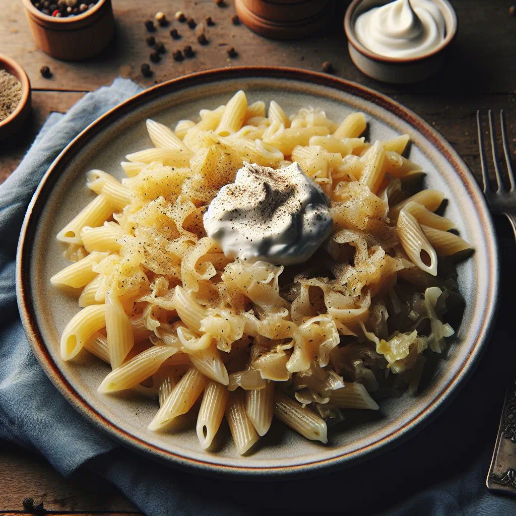 Hungarian káposztás tészta with buttery noodles and sautéed cabbage in a deep bowl
