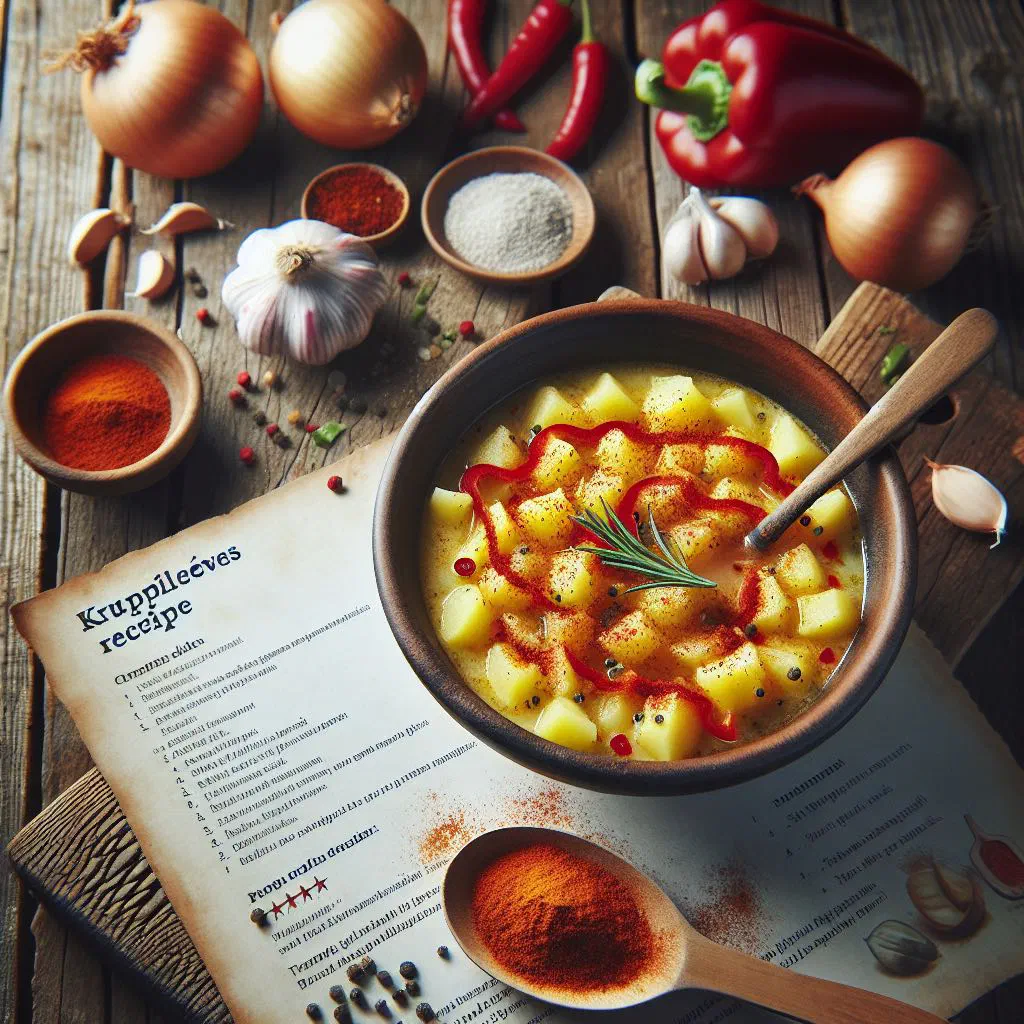 Bowl of Hungarian potato soup with paprika and fresh parsley