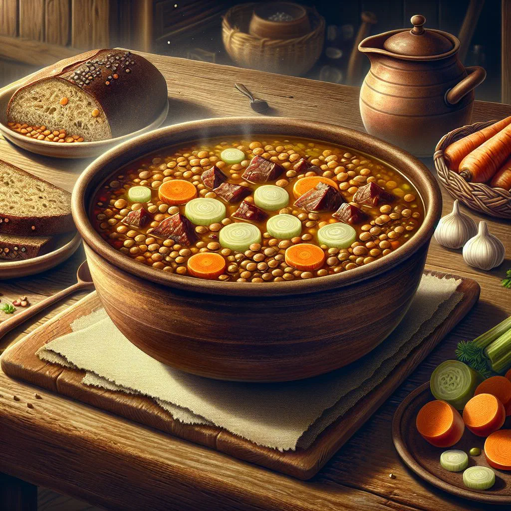 Bowl of Hungarian lentil soup with carrots and fresh parsley