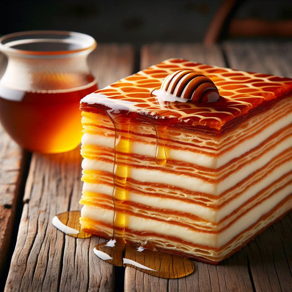 Layered Hungarian honey cream slice topped with dark chocolate glaze