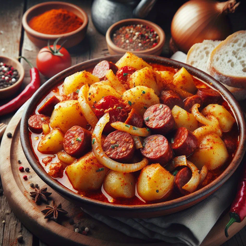 Hungarian paprikás krumpli with potatoes and peppers in a red paprika sauce
