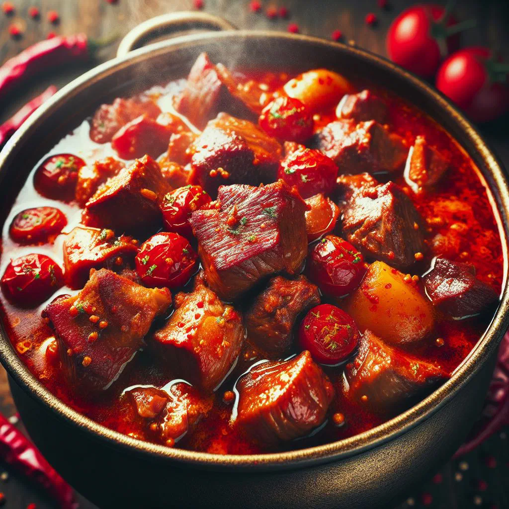 Hungarian pörkölt stew with tender beef in a rich paprika sauce