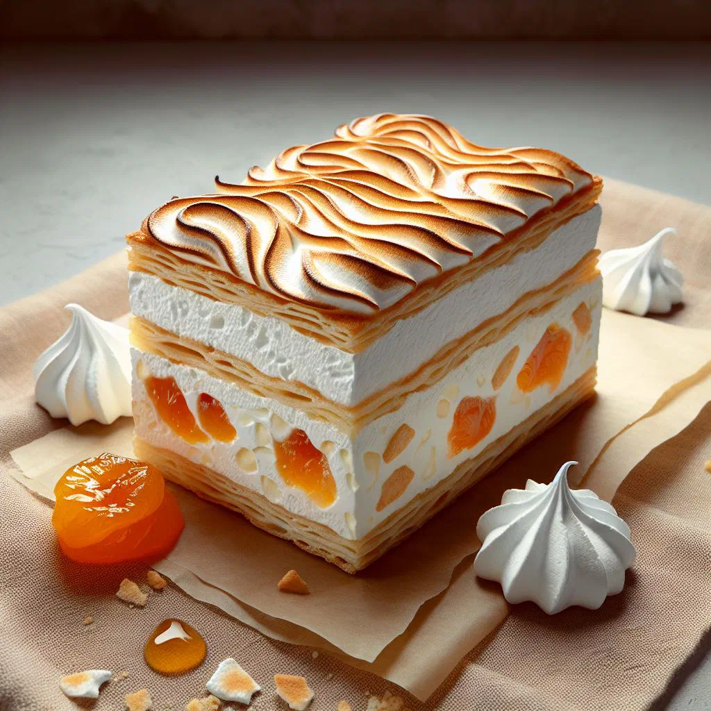 Slice of Rákóczi túrós with quark filling and apricot jam topping