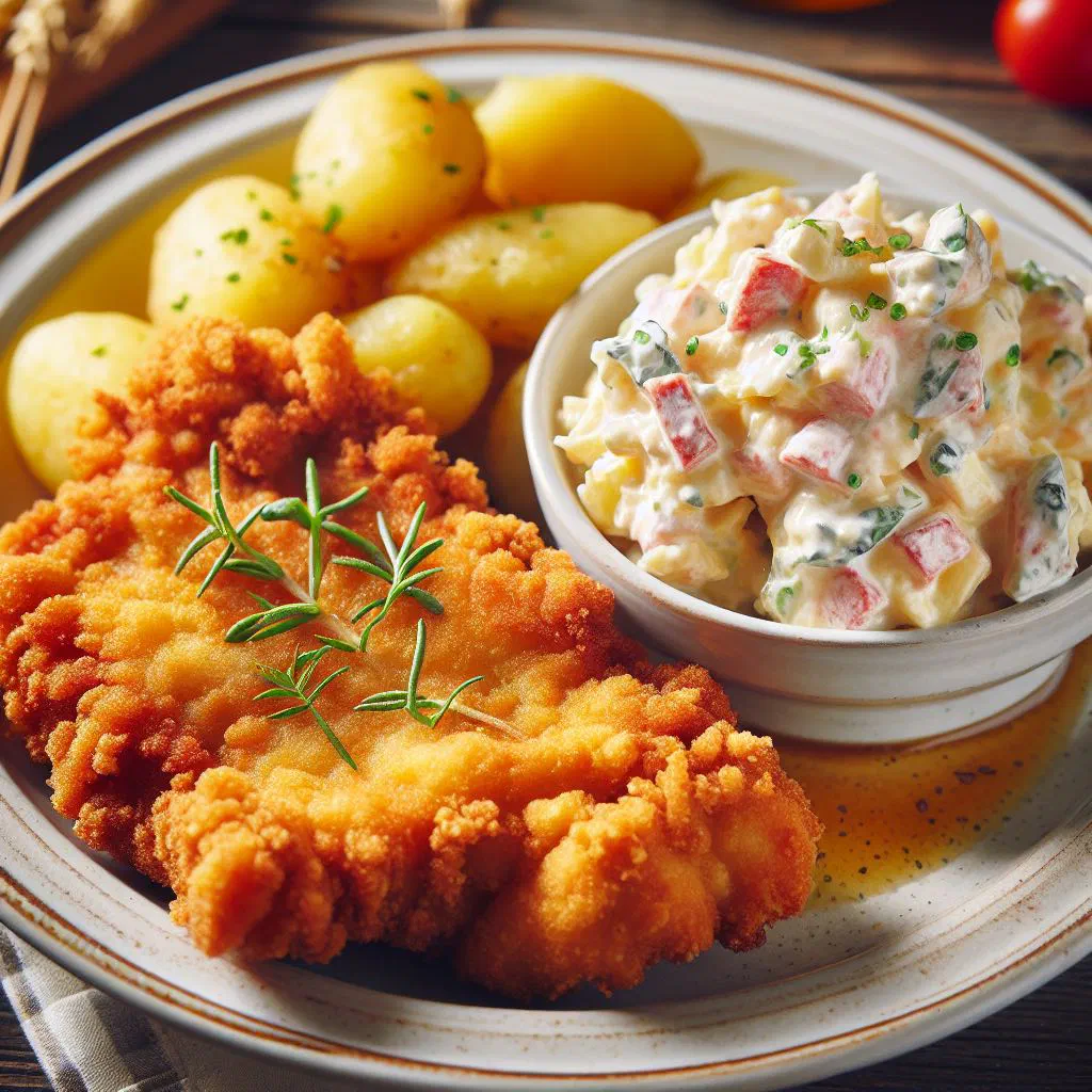 Golden breaded Hungarian rántott hús served with a bowl of potato salad