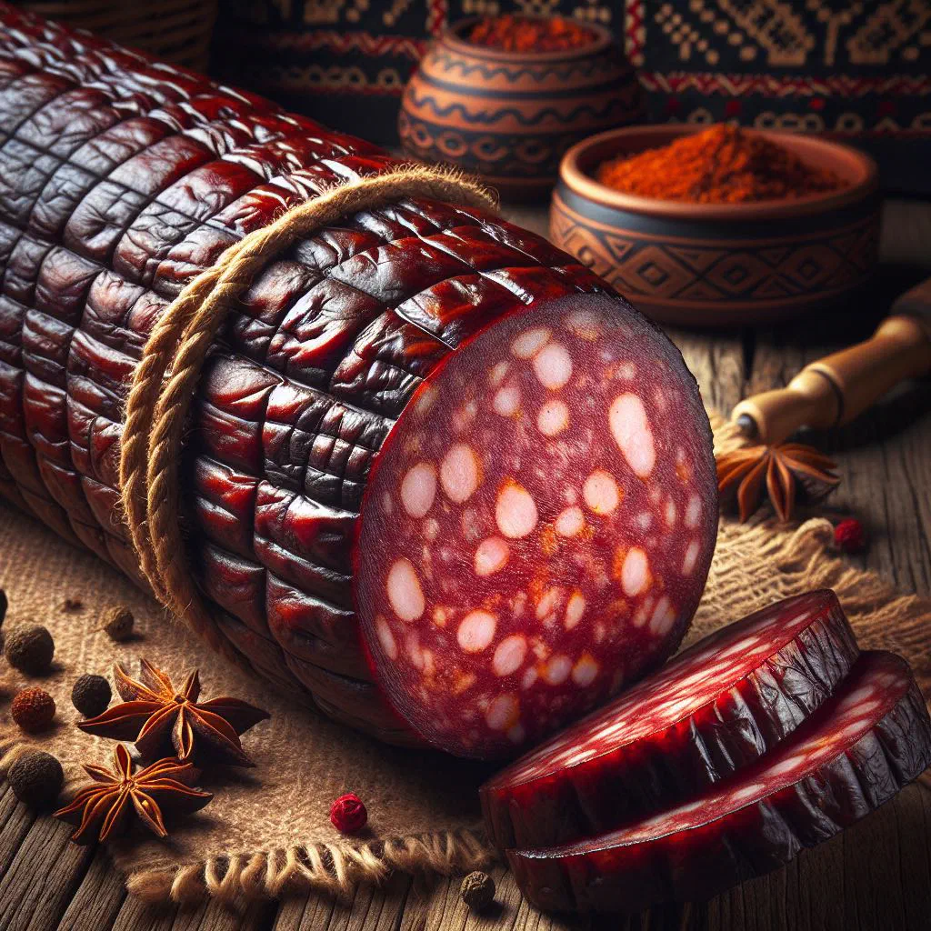 Smoked Hungarian kolbász sausages sliced on a rustic wooden board
