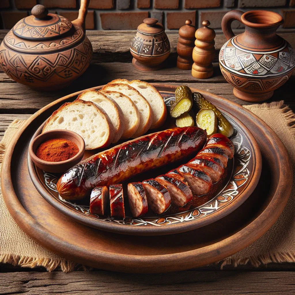 Sliced Hungarian sült kolbász sausage on a rustic wooden board with fresh herbs