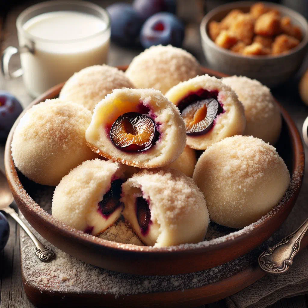 Hungarian plum dumplings rolled in buttered breadcrumbs and dusted with icing sugar