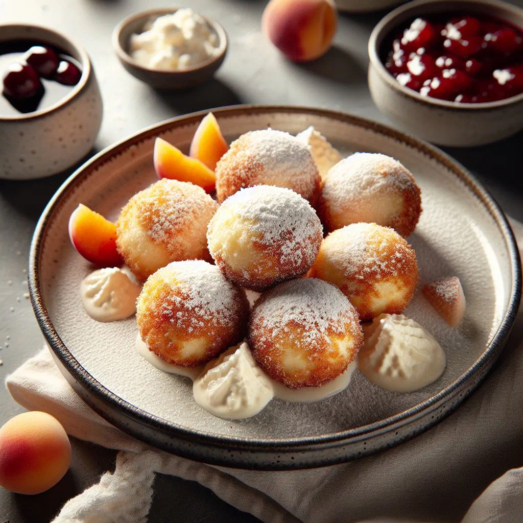 Hungarian túrógombóc quark dumplings coated in golden breadcrumbs with soured cream