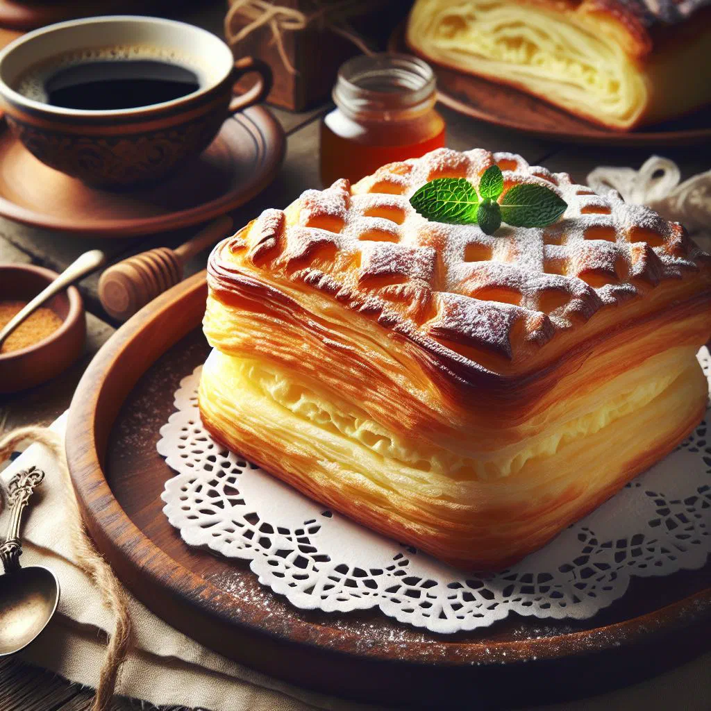 Slices of Hungarian túrós rétes strudel dusted with icing sugar