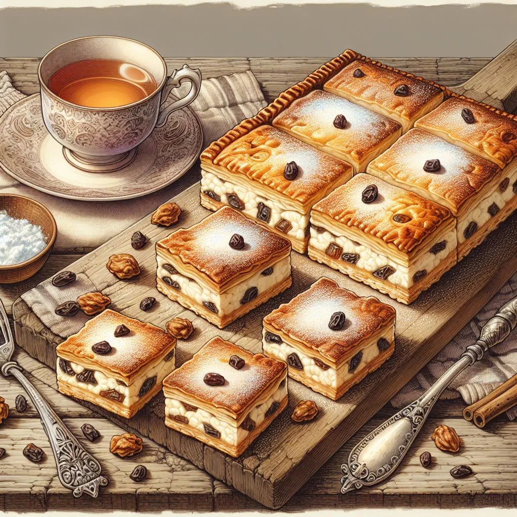 Golden baked Hungarian vargabéles strudel dusted with icing sugar