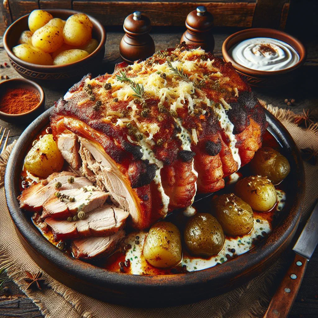 Grilled marinated pork and beef with onions and paprika on a rustic board