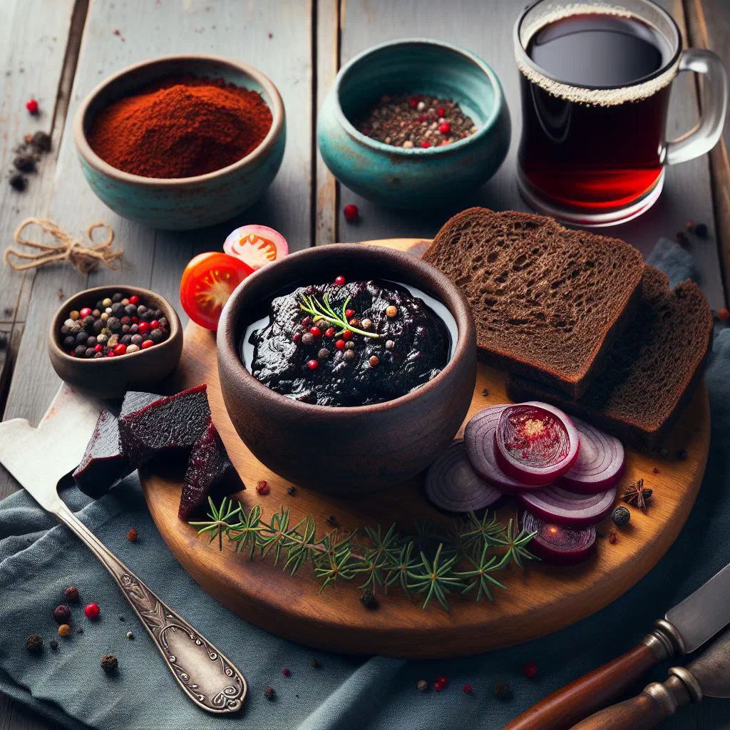 Sliced Icelandic blóðmör blood pudding with oatmeal, served warm on a wooden board