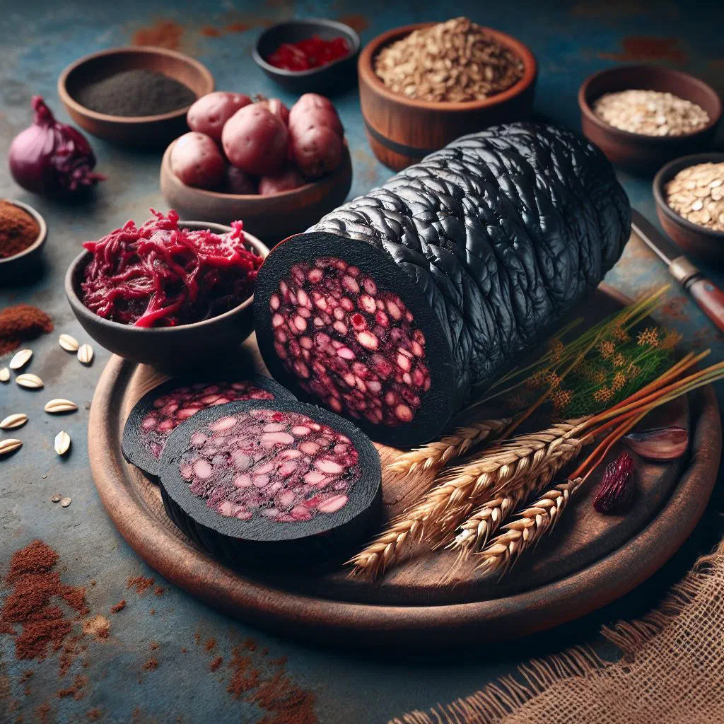 Sliced Icelandic blóðmör blood sausage served on a rustic wooden board