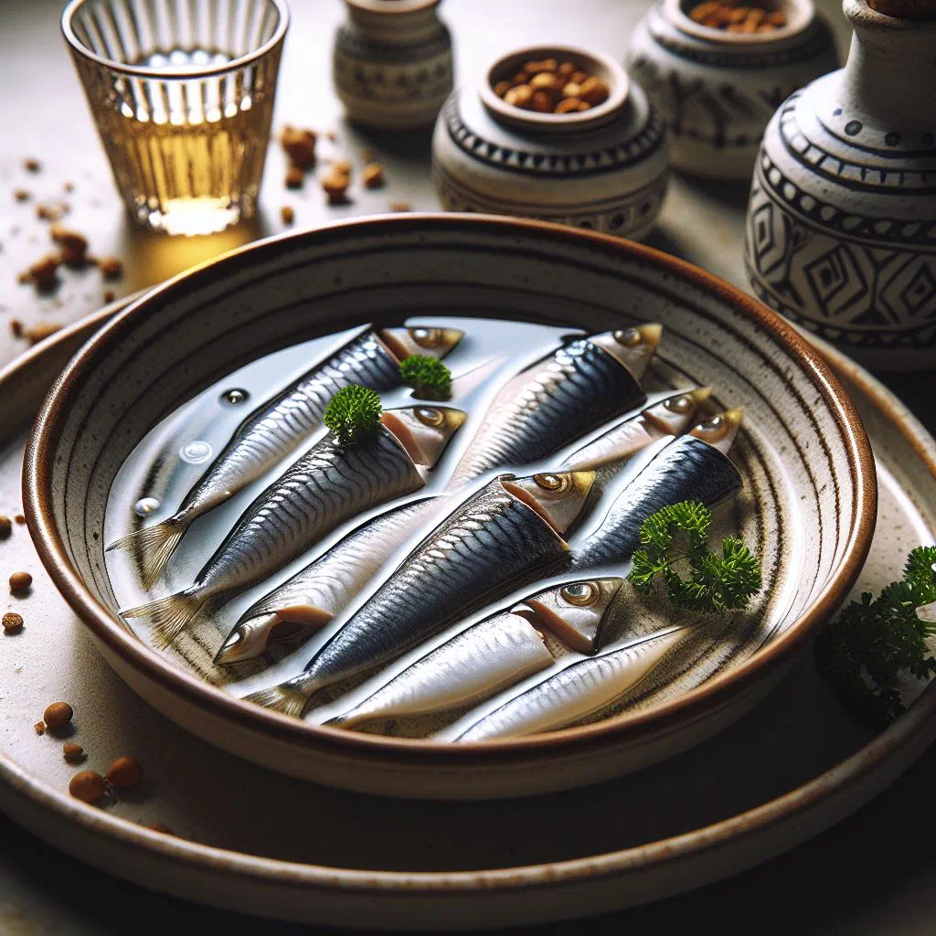 Marinated herring fillets with onion rings and fresh dill on a plate
