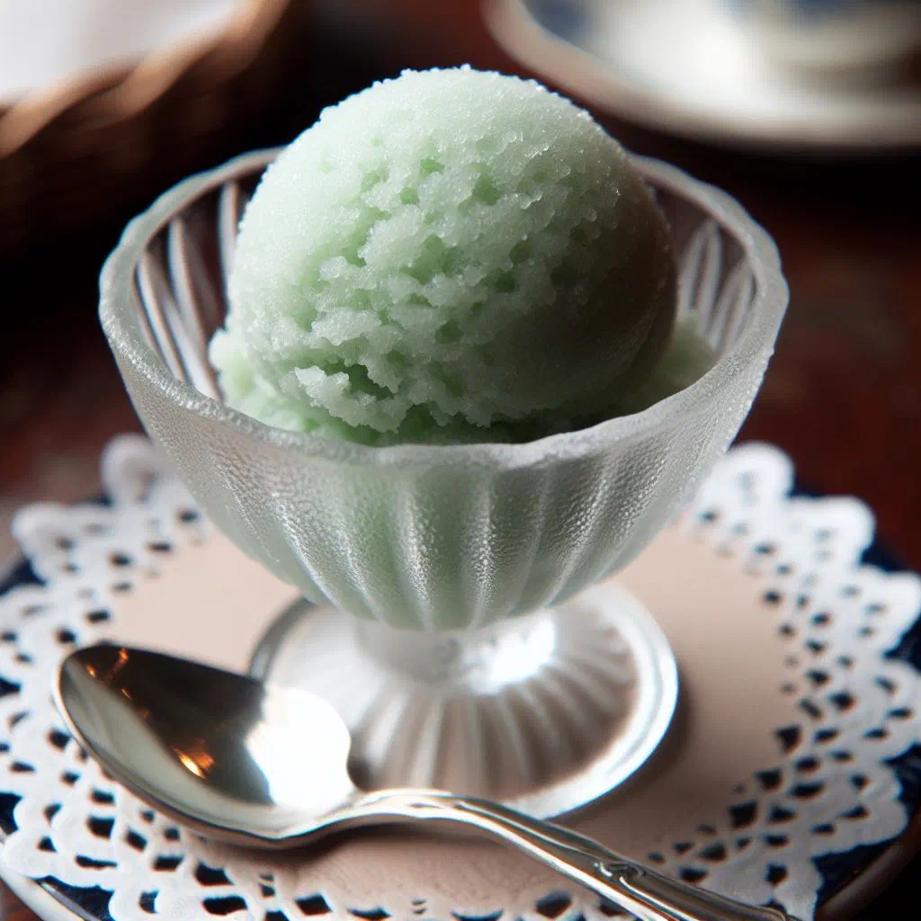 Pale Brennivín sorbet served in a glass with fresh herbs and lime