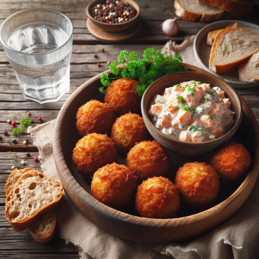 Golden pan-fried Icelandic fish balls served with creamy remoulade and lemon