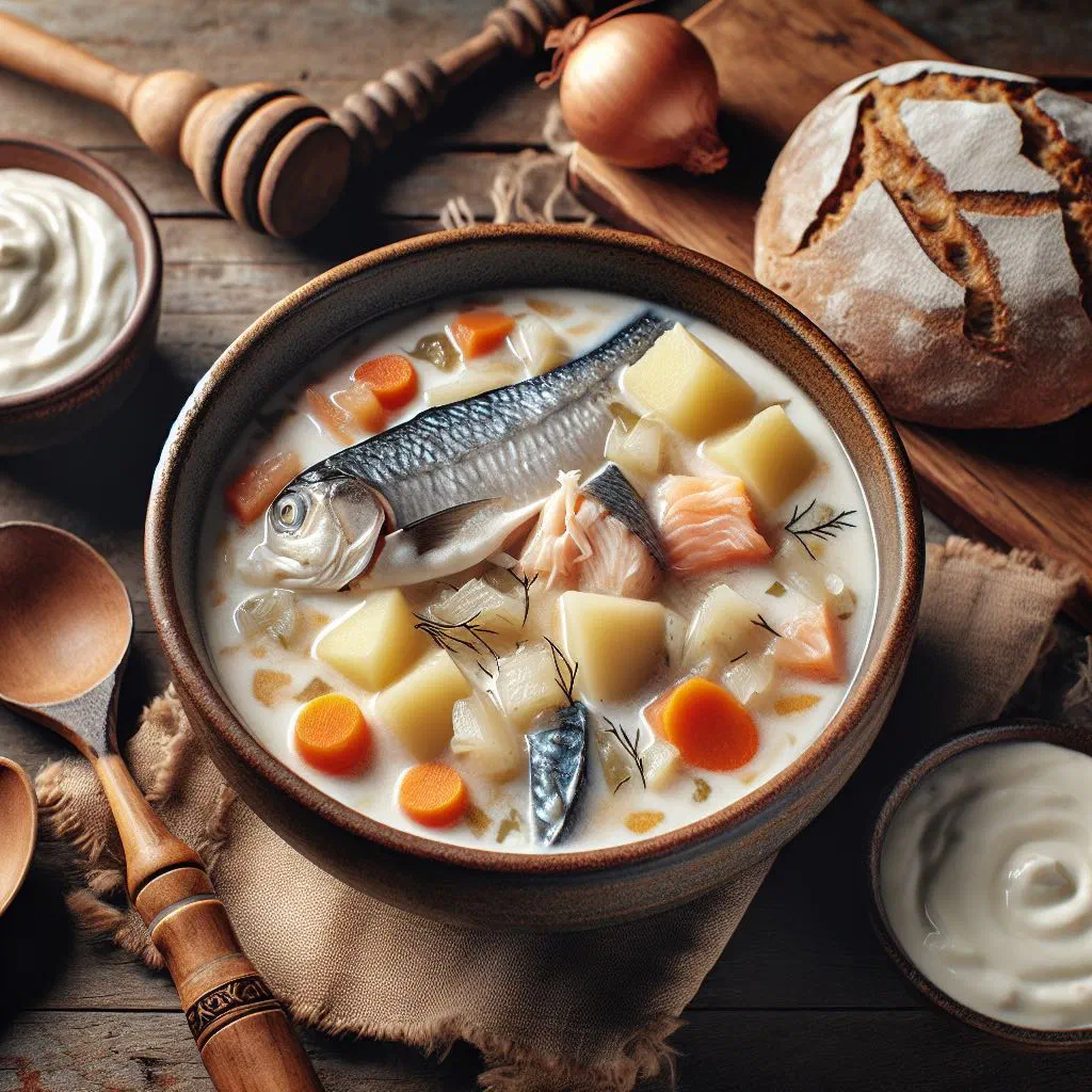 Creamy Icelandic fish soup in a deep bowl, garnished with fresh dill