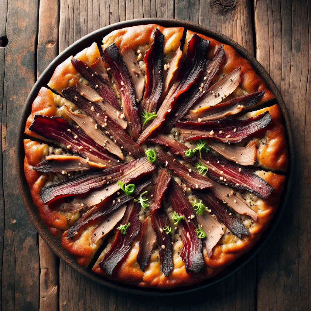Icelandic rye flatbread topped with slices of smoked lamb and fresh herbs