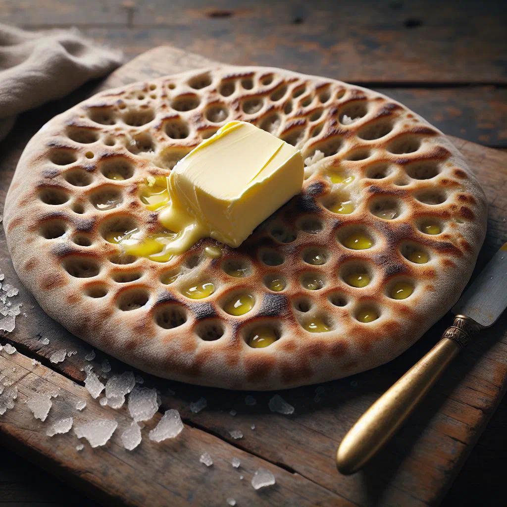 Icelandic flatbread rounds spread with butter on a wooden board
