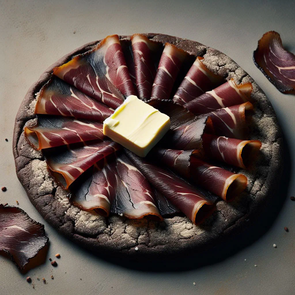 Icelandic rye flatbreads topped with thin slices of smoked lamb and butter