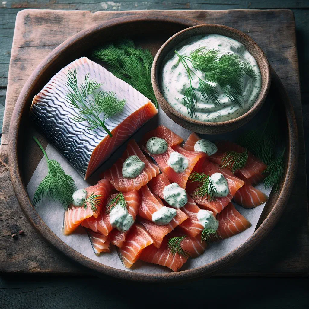 Sliced cured salmon graflax with fresh dill and a mustard dill sauce