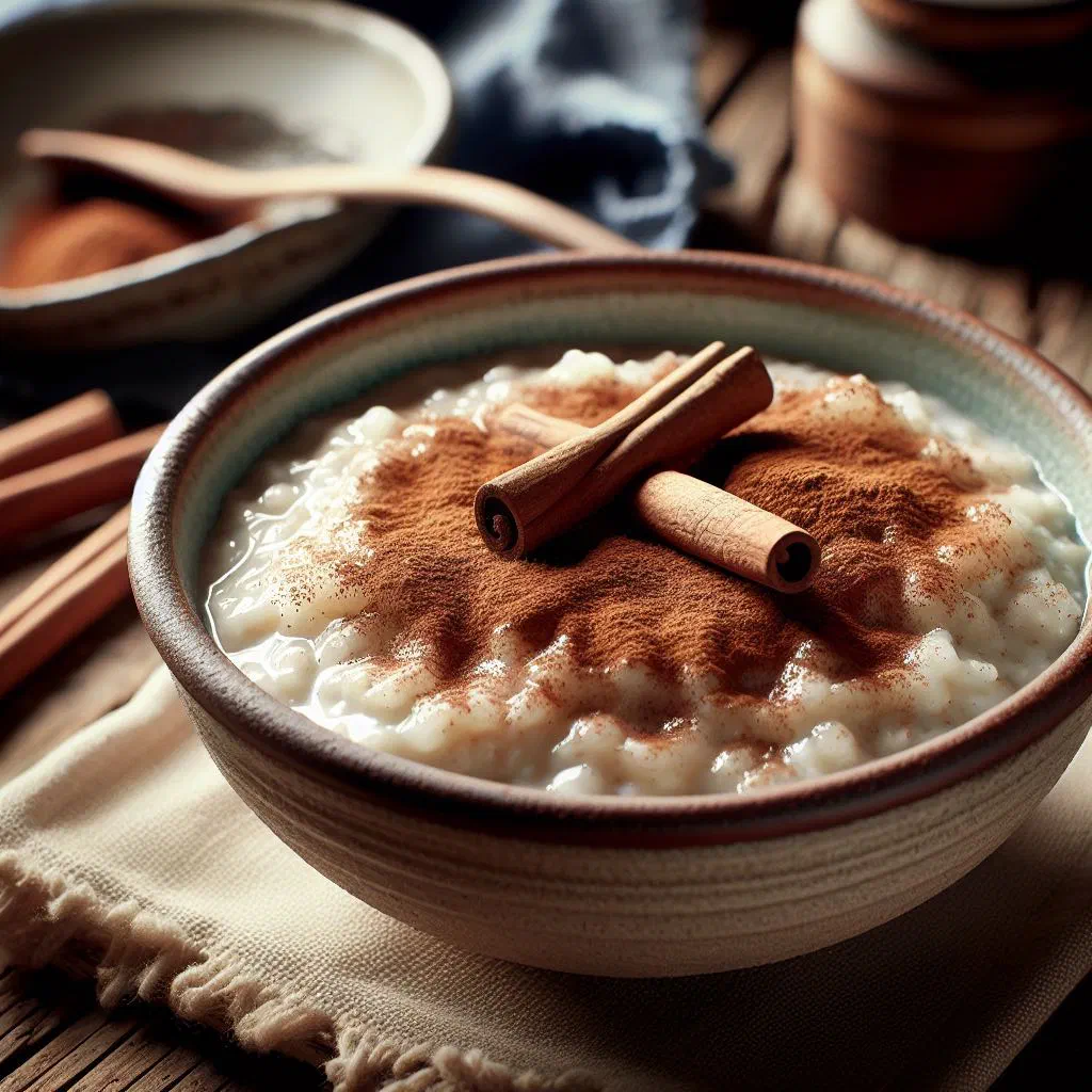 Creamy Icelandic rice pudding in a bowl dusted with cinnamon sugar