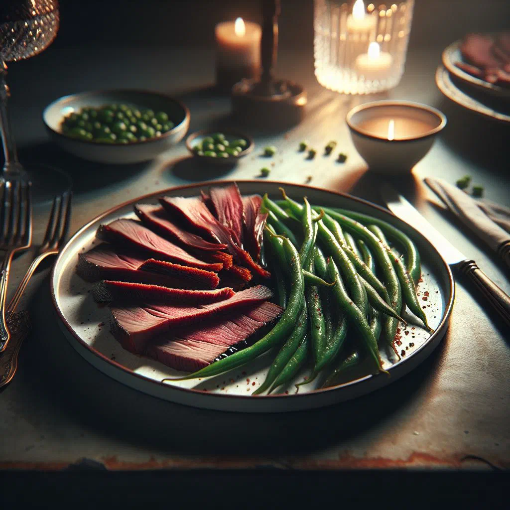 Sliced smoked lamb with green peas and fresh herbs on a plate