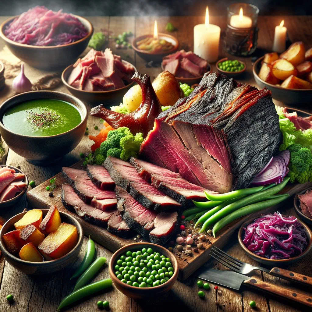 Sliced smoked lamb with potatoes in cream sauce and fresh herbs