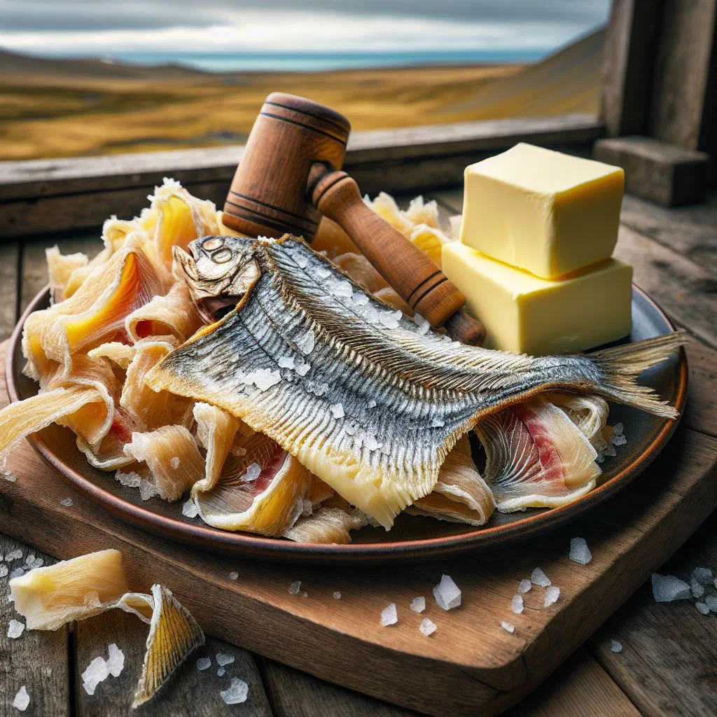 Strips of dried Icelandic fish served with creamy butter and flatbread