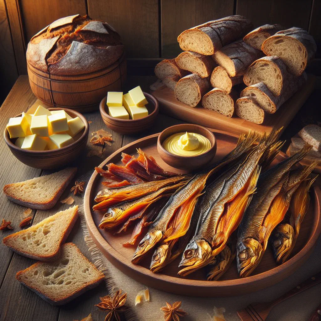 Strips of Icelandic dried fish with butter on slices of luxury bread