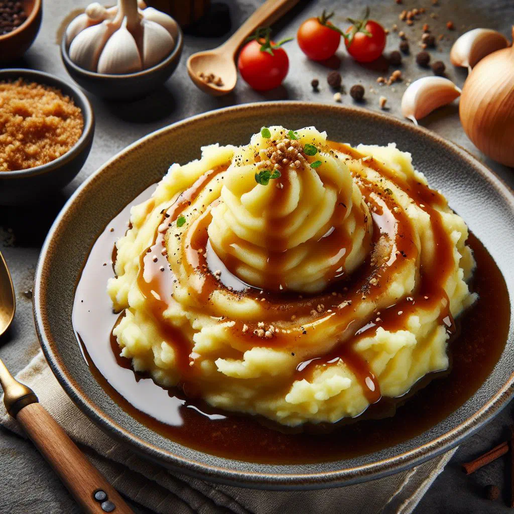 Creamy Icelandic mashed potatoes topped with glossy brown sauce