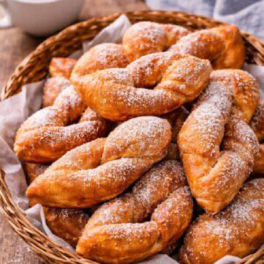 Twisted Icelandic kleinur pastries dusted with icing sugar