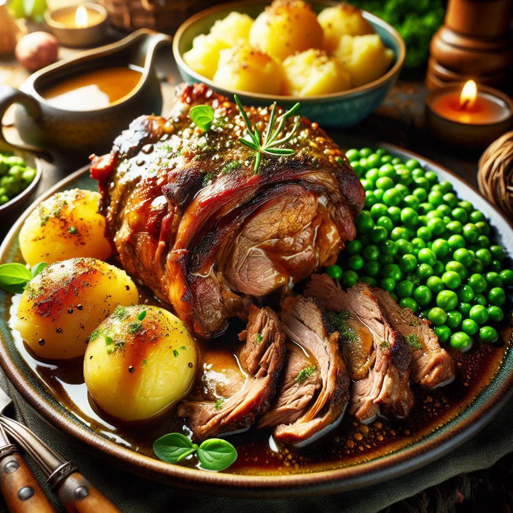 Oven-roasted Icelandic lamb with fresh rosemary and thyme in a roasting tin