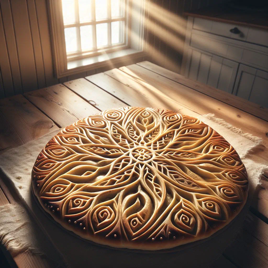 Thin round Icelandic leaf bread with intricate carved patterns