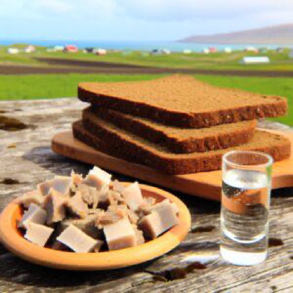 Cubes of fermented Icelandic shark served with dark rye bread and a glass of brennivín